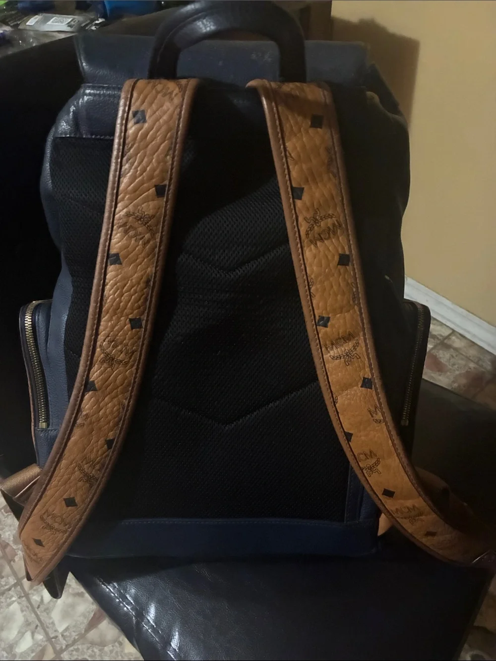 MCM Navy Leather Backpack with Cognac Visetos Pocket